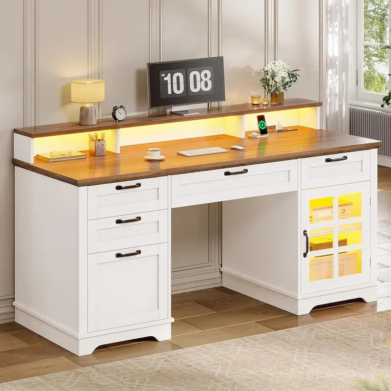 Chefbüro Schreibtisch mit Schubladen, Aktenschrank, LED-Beleuchtung und Steckdose