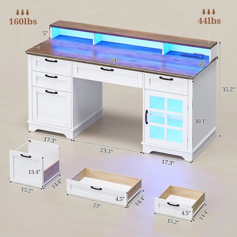 Chefbüro Schreibtisch mit Schubladen, Aktenschrank, LED-Beleuchtung und Steckdose