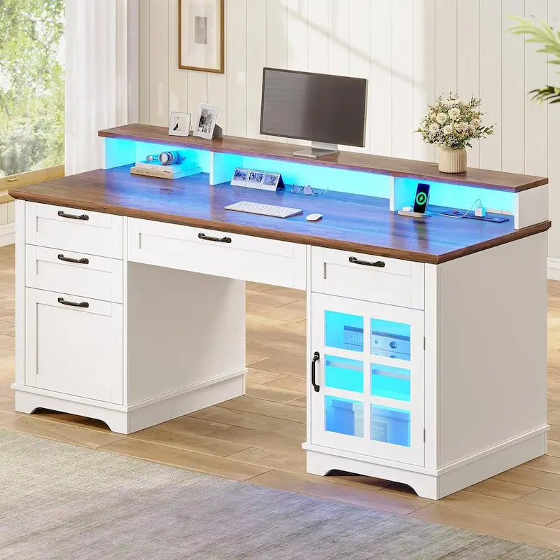 Chefbüro Schreibtisch mit Schubladen, Aktenschrank, LED-Beleuchtung und Steckdose