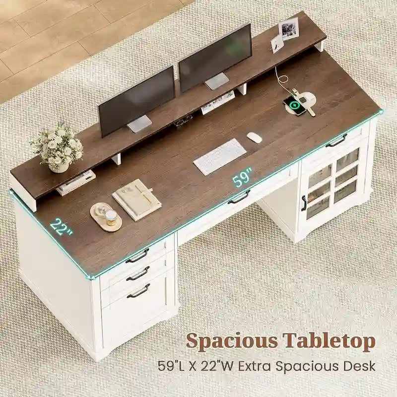 Chefbüro Schreibtisch mit Schubladen, Aktenschrank, LED-Beleuchtung und Steckdose